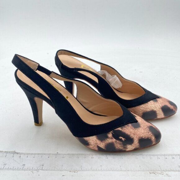 FSJ Black High Heel Pumps Closed Toe Leopard Print Faux Suede Slingback Shoes - Picture 3 of 7